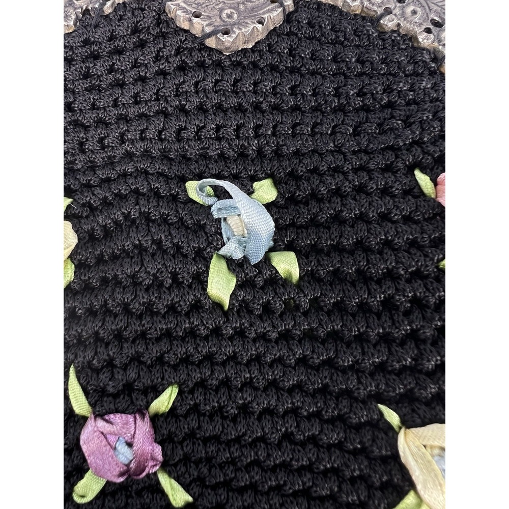 Vintage Antique Crochet Evening Bag Ribbon Embroidery Roses Filigree Frame Black - Picture 9 of 9